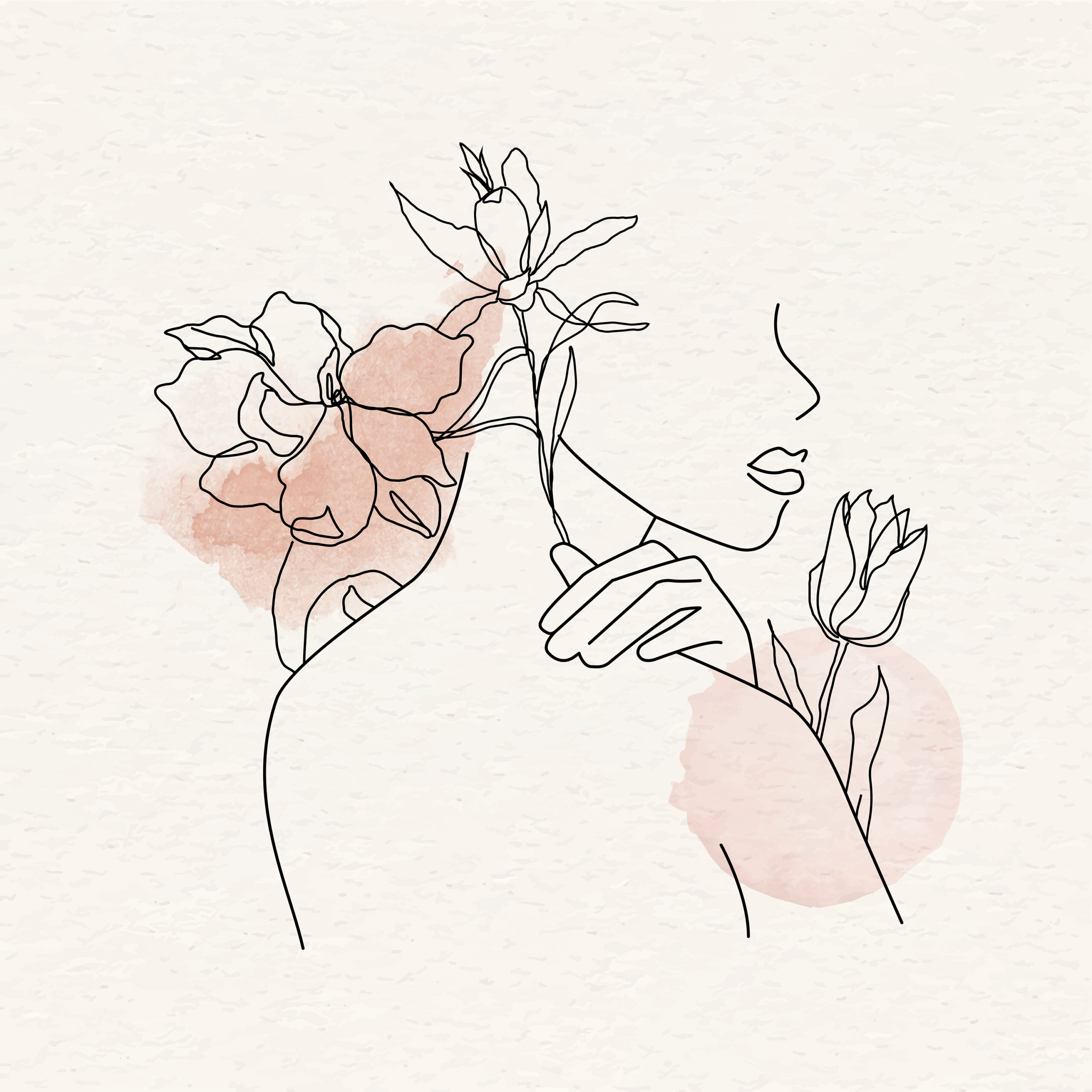 Female monoline portrait clipart, aesthetic floral design